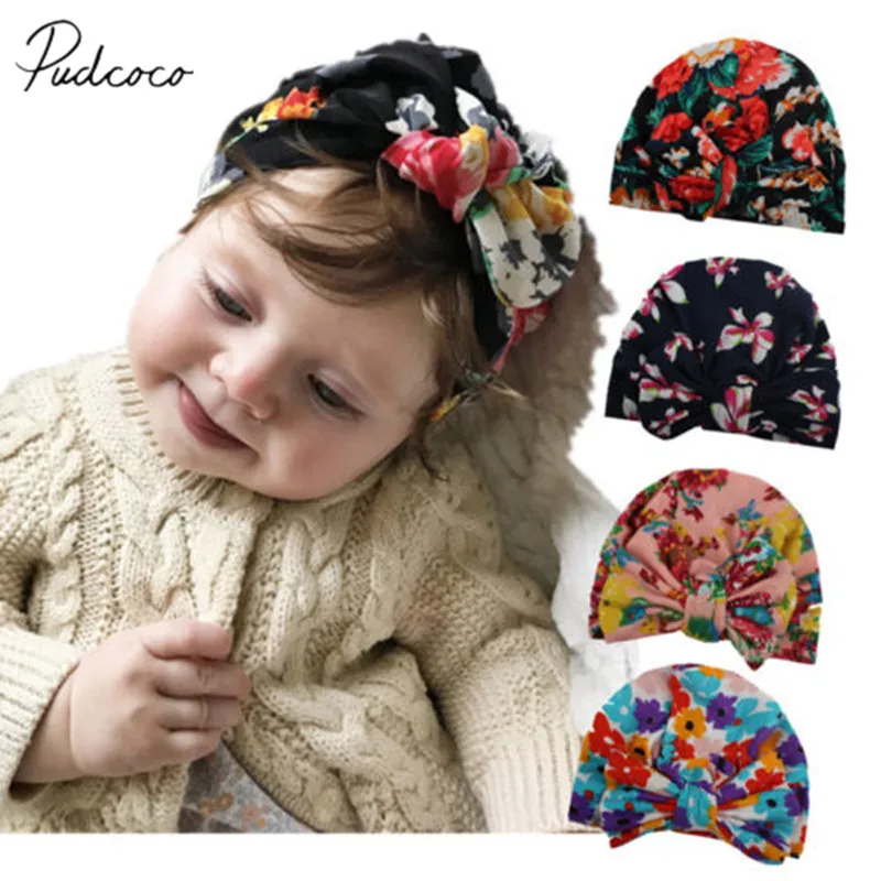 

2019 Brand New Newborn Infant Kids Baby Girls Boys Floral Print Hats Hospital Cap Infant Comfy Bowknot Beanie Warm Hat Gifts