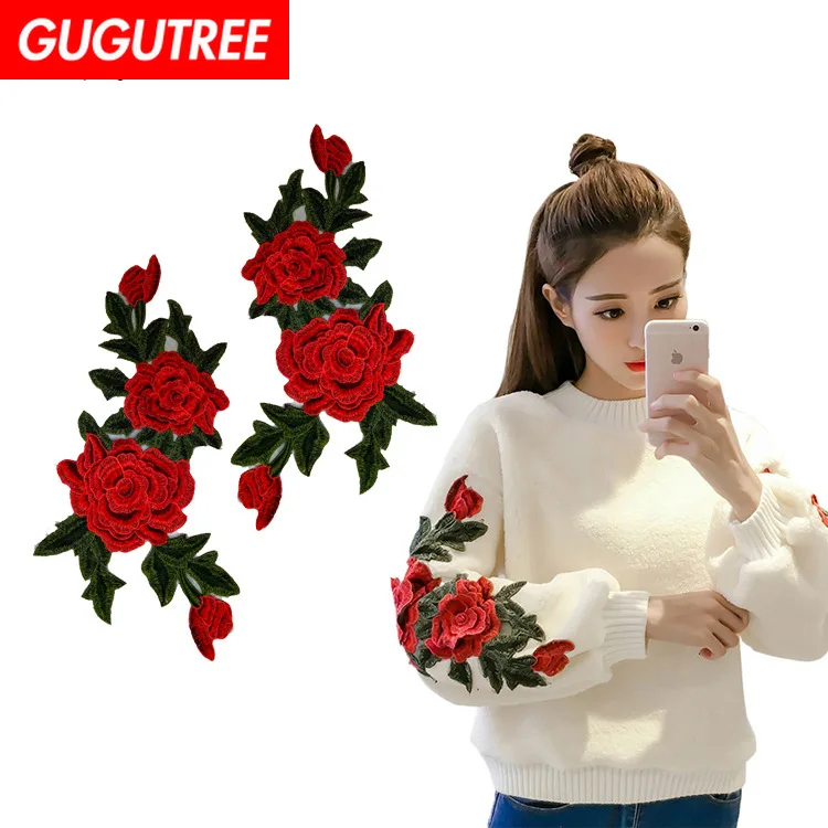 

GUGUTREE embroidery big peony patches flower patches badges applique patches for clothing ZM-91