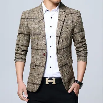 

2019 Spring Autumn Men's Blazers Turn Down Collar Long Sleeve Slim Blazers Men Fashion Plaid Hot Sale Men's Blazer
