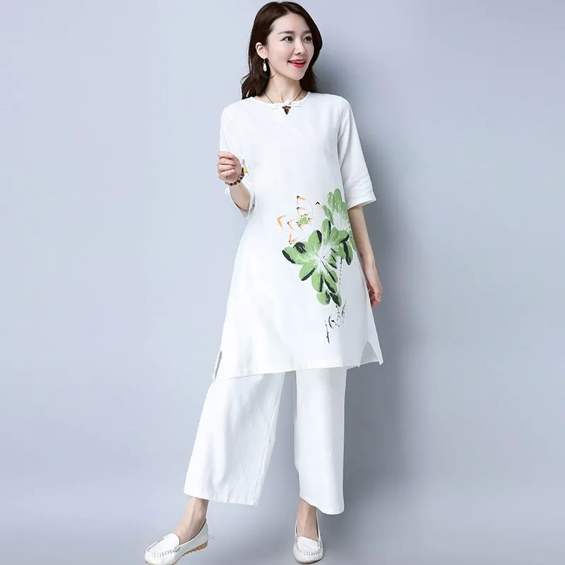

2019 Spring Summer Women Sets Print Elegant Cotton Linen Pants Set Loose Long Blouse Female Wide Leg Pants Two Piece Sets