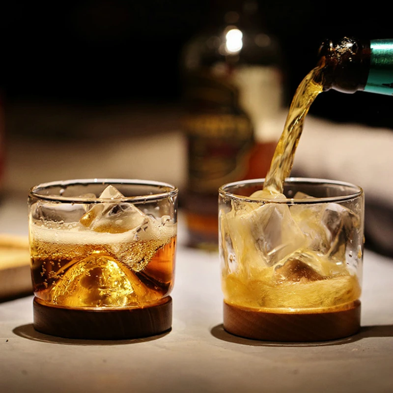 

England Scotch Whisky Crystal Glass Volcano Mountain Whiskey Tumbler Wood Walnut Coaster Bar Wine Glasses Liquor XO Chivas Cup