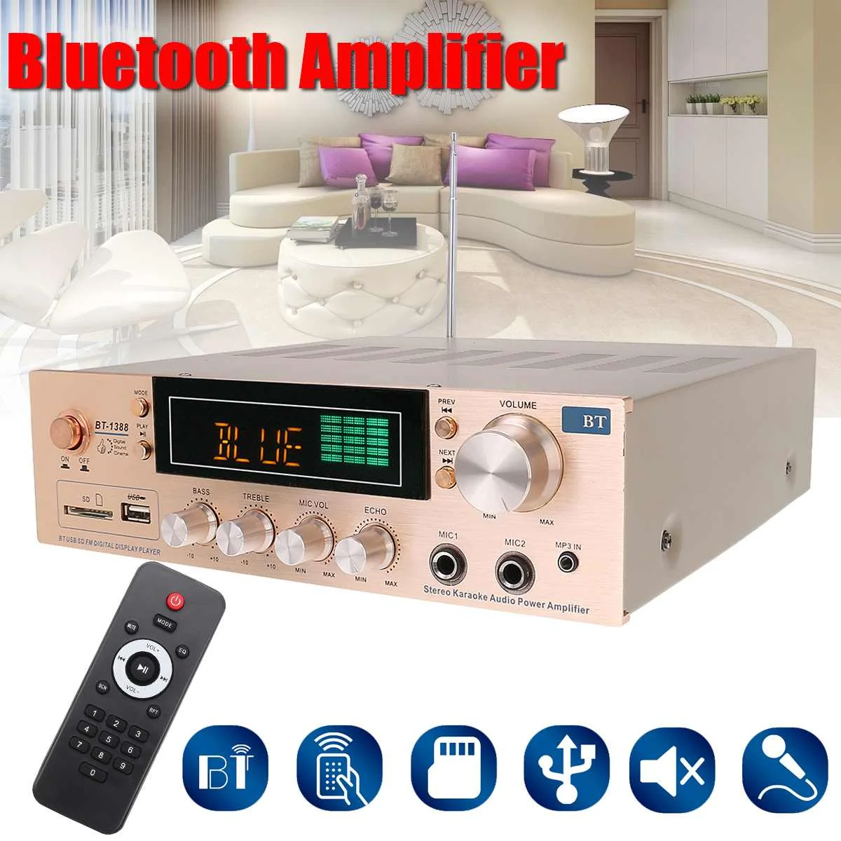 

800W HIFI Home bluetooth Stereo Amplifier 2 Channel Karaoke FM Radio USB SD Power Home Theater Amplifiers with Remote Controller
