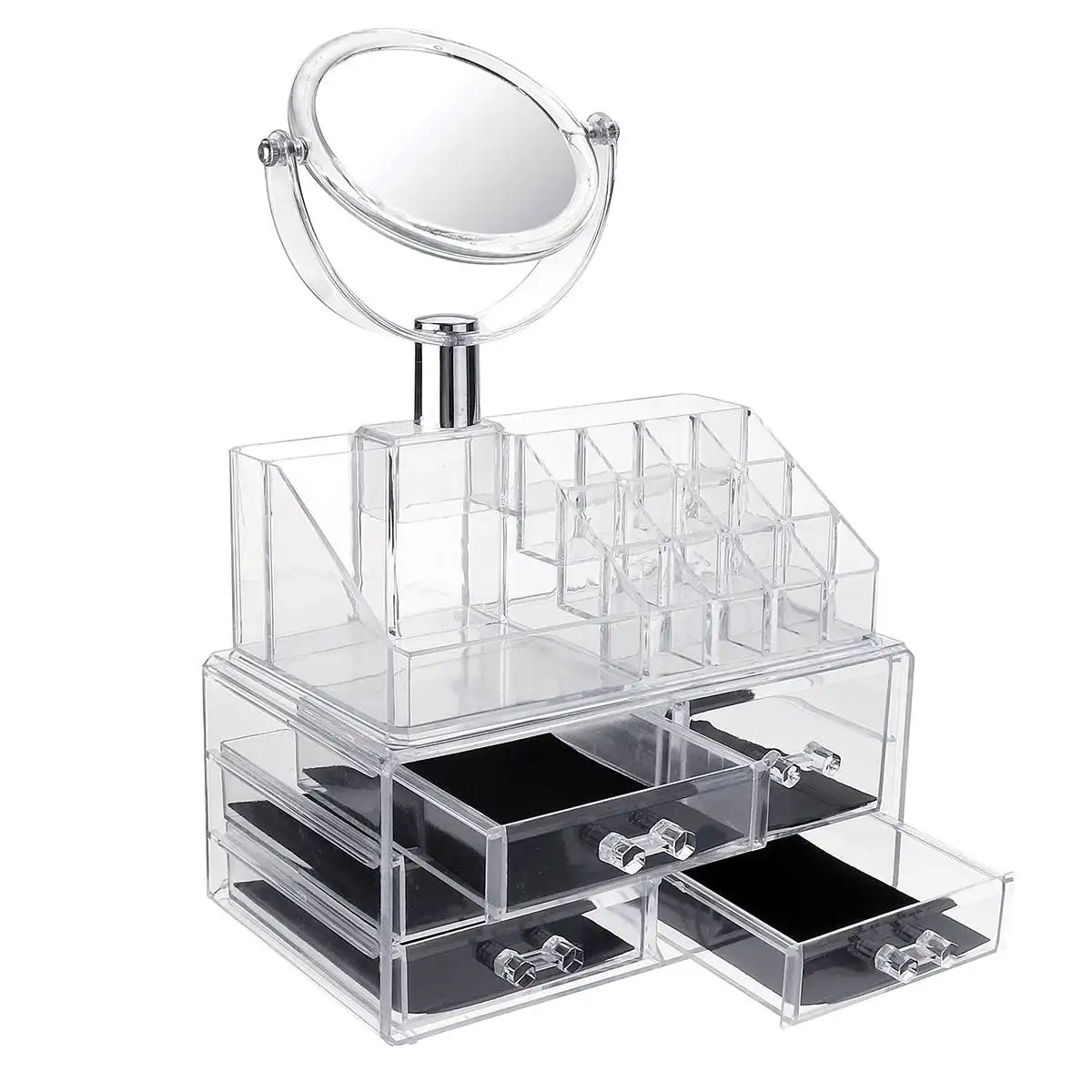 Large Mirror Clear Cosmetic Organizer Box Makeup Storage Drawer Desk