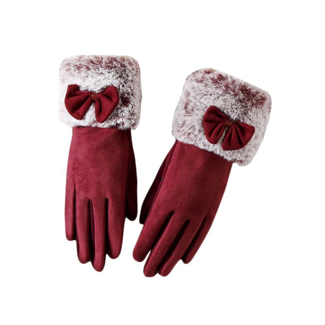 Women Winter Gloves Thick Warm Cashmere Fur Suede Leather Gloves