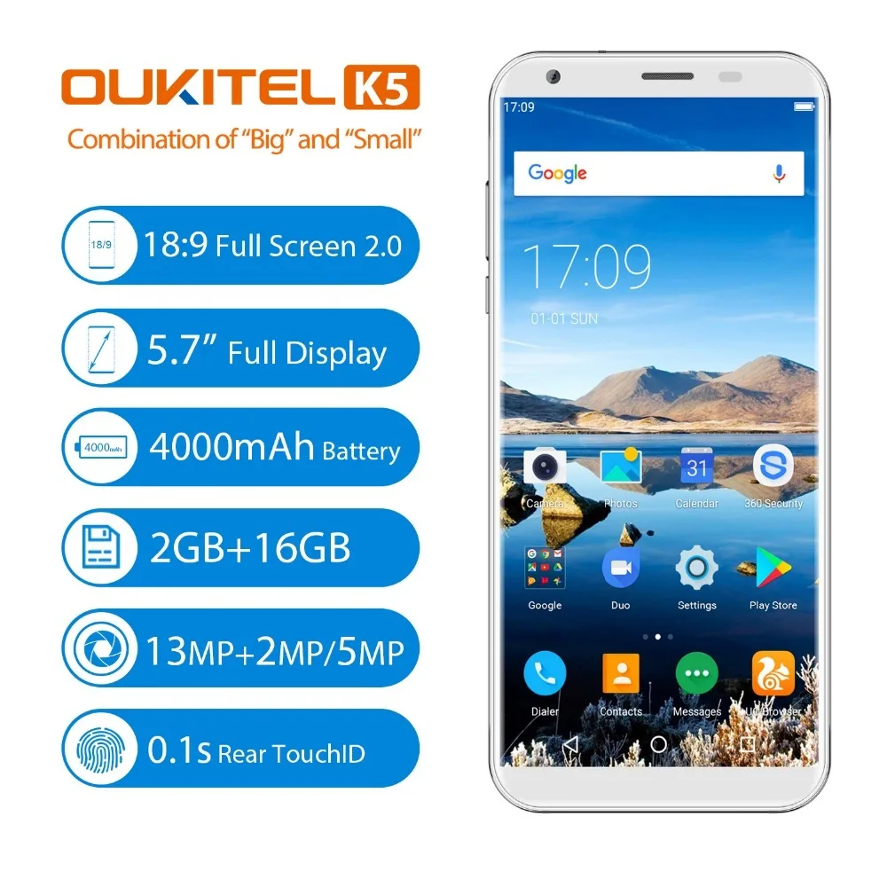 Oukitel K5 18:9 Display 5.7'' Android 7.0 2GB RAM 16GB ROM Smartphone Quad Core 13MP 3 Cameras 4000mAh Fingerprint Mobile Phone Oukitel K5 18:9 Display 5.7'' Android 7.0 2GB RAM 16GB ROM Smartphone Quad Core 13MP 3 Cameras 4000mAh Fingerprint Mobile Phone