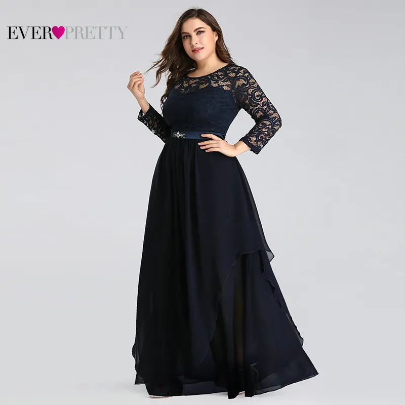 

Plus Size Mother of the Bride Dresses Ever Pretty 7716 Elegant Long Sleeve Lace A-line Crystal Sashes 2020 Evening Party Gowns