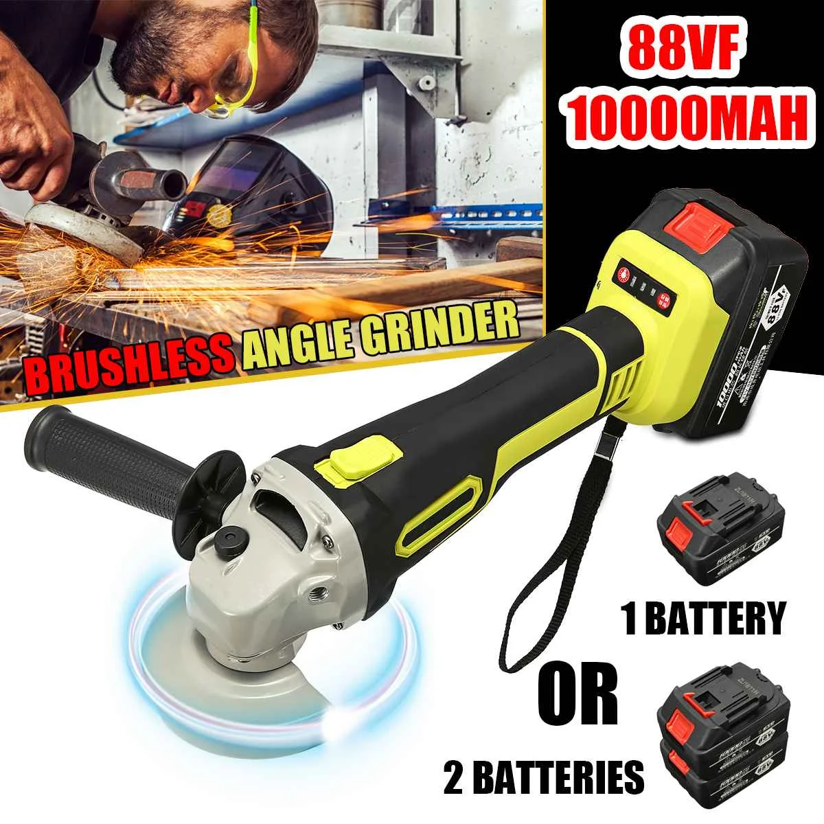 

88VF 10000mAh 11000RPM Brushless Angle Polisher Polishing Cordless Grinder Cutting Machine Sanding Tool w/Rechargeable Battery
