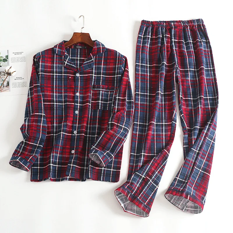 Prix Nouveau 100% coton hommes automne et hiver à manches longues pantalon pyjama costume rouge Plaid vêtements de nuit en flanelle velours doux vêtements ensemble