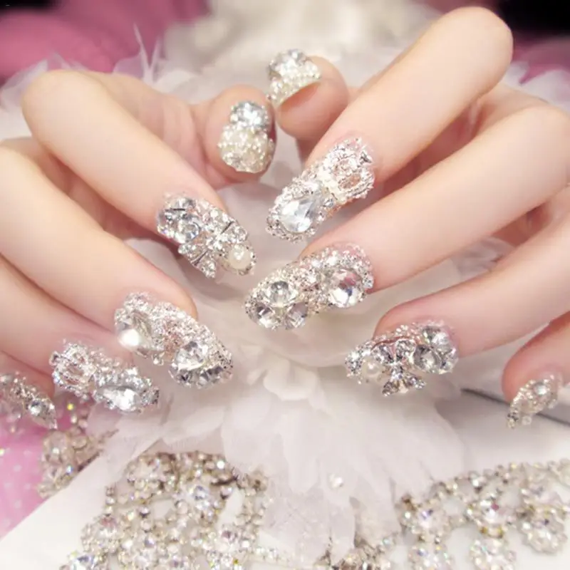 

New Bridal Nail Beauty Tips Set Sparkling Rhinestone Safe Fake Nail Stickers For Bride Girls Party Banquet 24 Pack Durable Gift