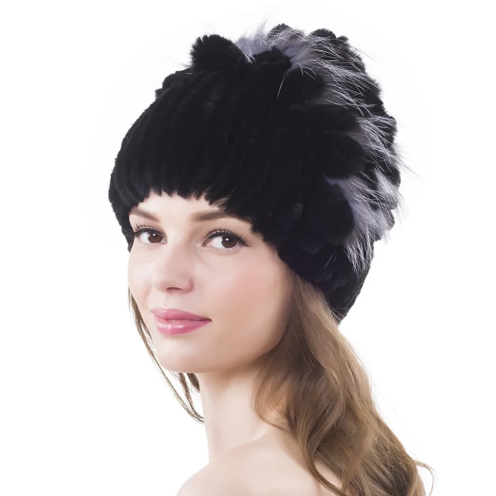 

Rex Rabbit Fur Cap Russia Winter Knitted Real Rex Rabbit Fur Hat Women Real Rabbit Fox Fur Skullies Beanies