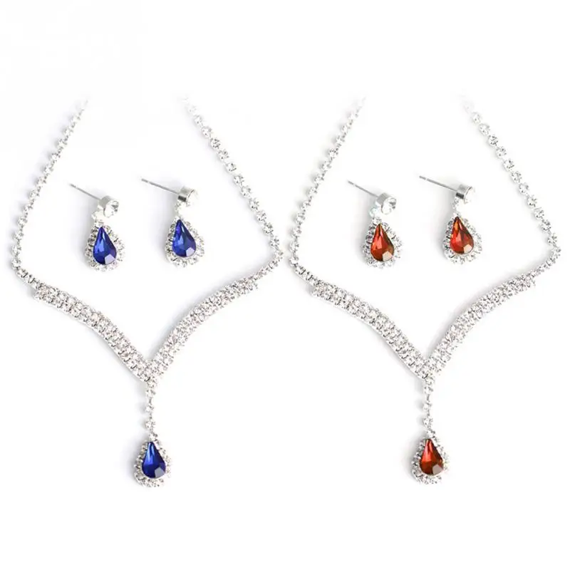 

Luxury Waterdrop Artificial Gem Alloy Necklace Earring Jewelry Sets Exquisite Multicolor Silver Earrings Necklaces For Women