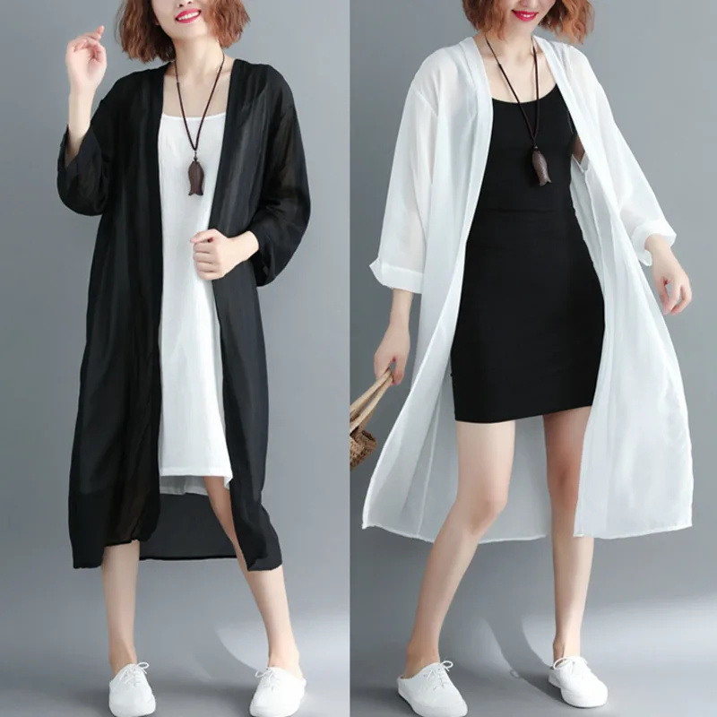 

#2818 Summer 2019 Sunscreen Transparent Shirt Women Black White Chiffon Kimono Shirts Long Cardigan Shirt Tunic Casual Plus Size