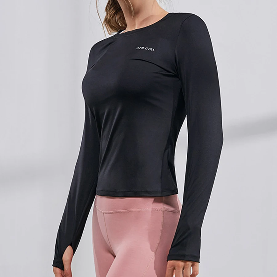 

BESGO Round Neck Women Sport Top Long Sleeve Tight Solid Elastic Letter Print Sweat Wicking Thumb Hole Workout Fitness Shirt