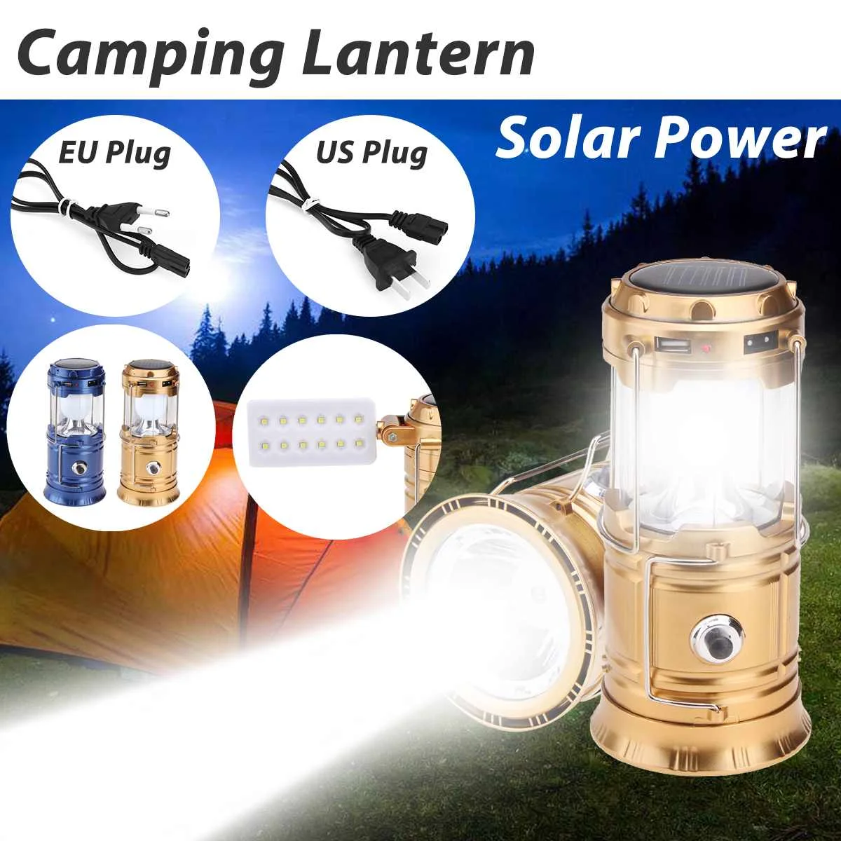 

4 In 1 Solar Power Camping Tent Lantern USB Rechargeable LED Flashlight Torch Hand Lamp Telescopic EU/US Plug Lantern