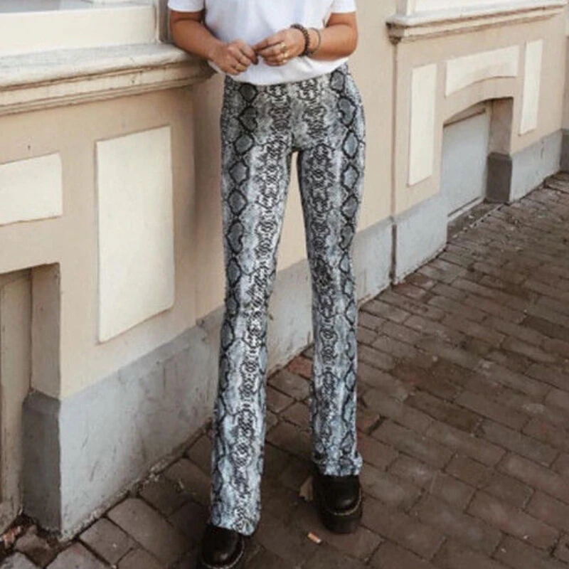 

Women's Sexy Snake Skin Print Pants High Waist Stretchy Bell Bottoms Flare Pant Women Snake Printed Pantalon Femme