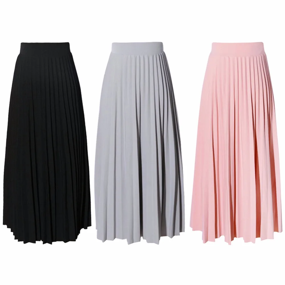 

New Fashion Women's High Waist Pleated Solid Color Long Elastic Skirt Lady Black Grey Pink Party Casual Loose A-line Midi Skirts