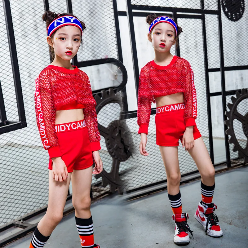 

2018 Spring Fashion Girls Hip Hop Street Dancer Jazz Suit Kids Costume Mesh Long Sleeve Wear Outside+Waistcoat+Shorts 3pcs Set