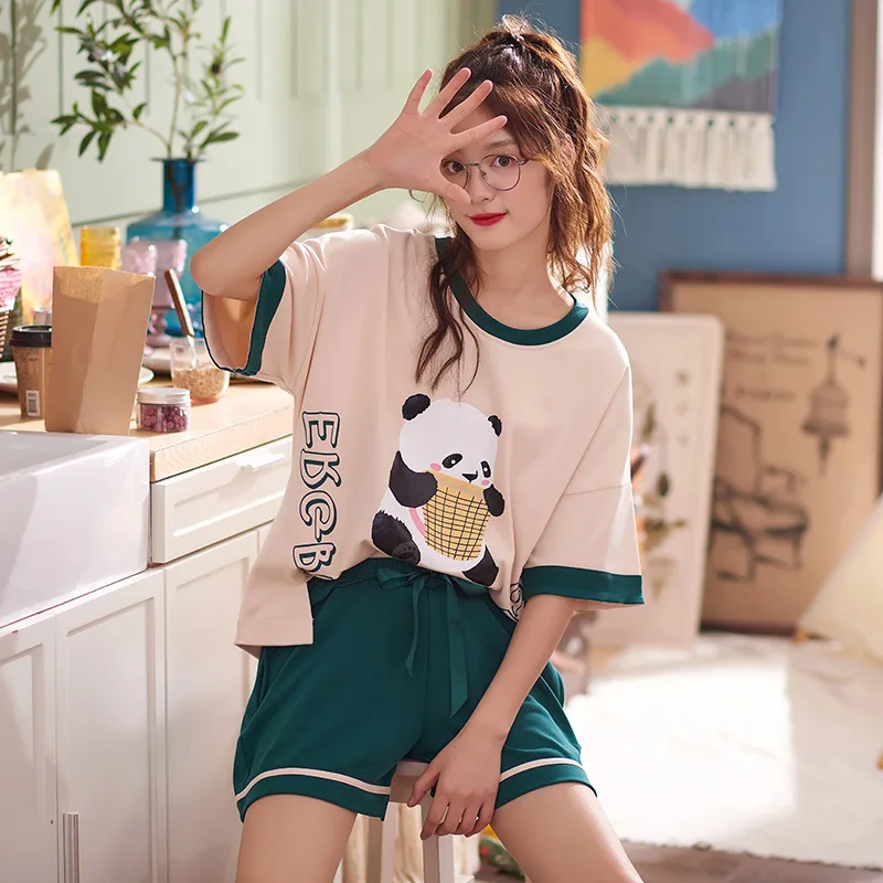 Пижамные комплекты для женщин, летняя Милая одежда для сна с коротким рукавом и рисунком панды, пижамы для девочек, Mujer, хлопковая ночная рубашка для женщин