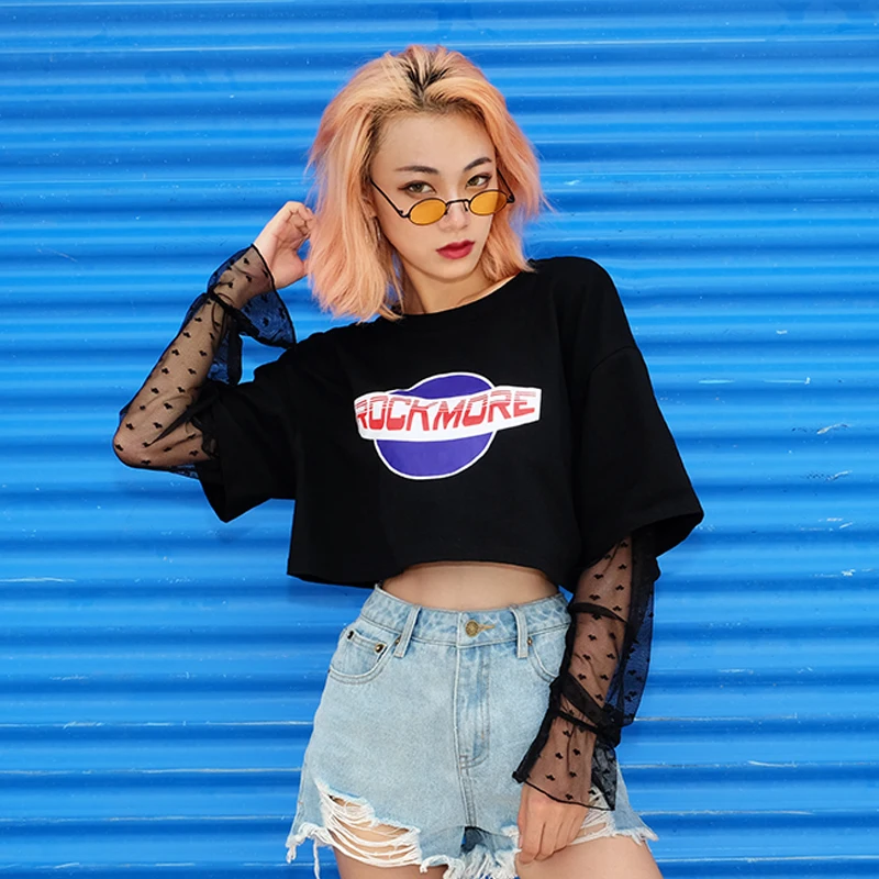 

Fashion See Through Mesh Long Flare Sleeve Patchwork Letter Print Cropped Tops 2019 Autumn O-Neck Women Black T-Shirt
