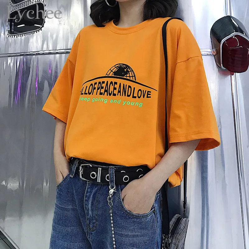 

Lychee Harajuku Earth Letter Print Women T-shirt Short Sleeve Causal T Shirt Loose Summer Spring Tee Top