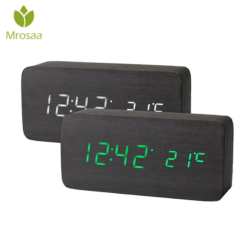 

Mrosaa Wood LED Digital Alarm Clock Sounds Control Temperature 3 Display Modes Desktop Table clock Electronic Modern Time Clocks