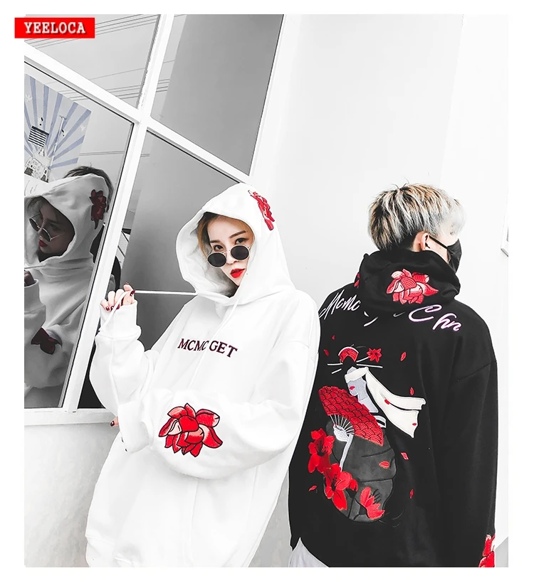 

2018 Japanese style singer cherry embroidery hoodie men and women couple loose cotton fashion romantic long-sleeved