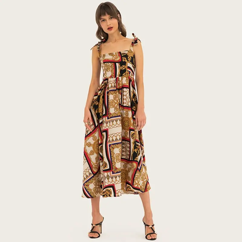 

Sweet Dresses Elegant Sexy Travel Beach Boho Yellow OL Ladies Casual Spaghetti Strap Print Bowknot Party Female Fashion Dress