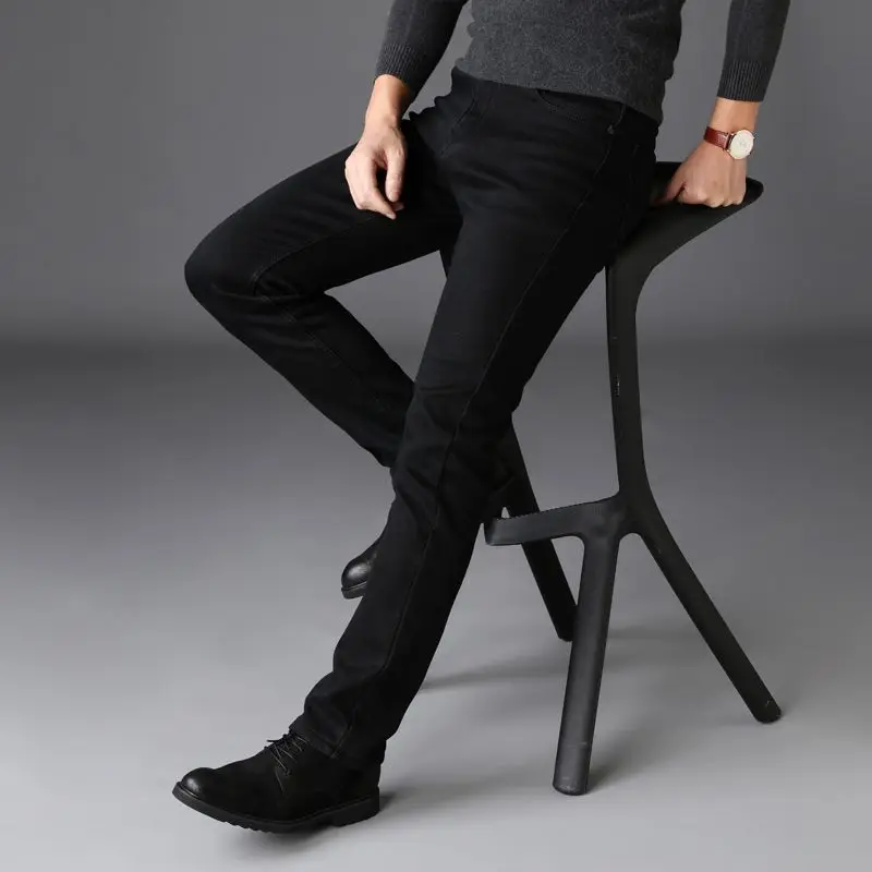 Winter Jeans Men Classic Black Color Slim Fit Stretch Thick Velvet Pants Warm Jeans For Men Fashion Casual Fleece Trousers Male
