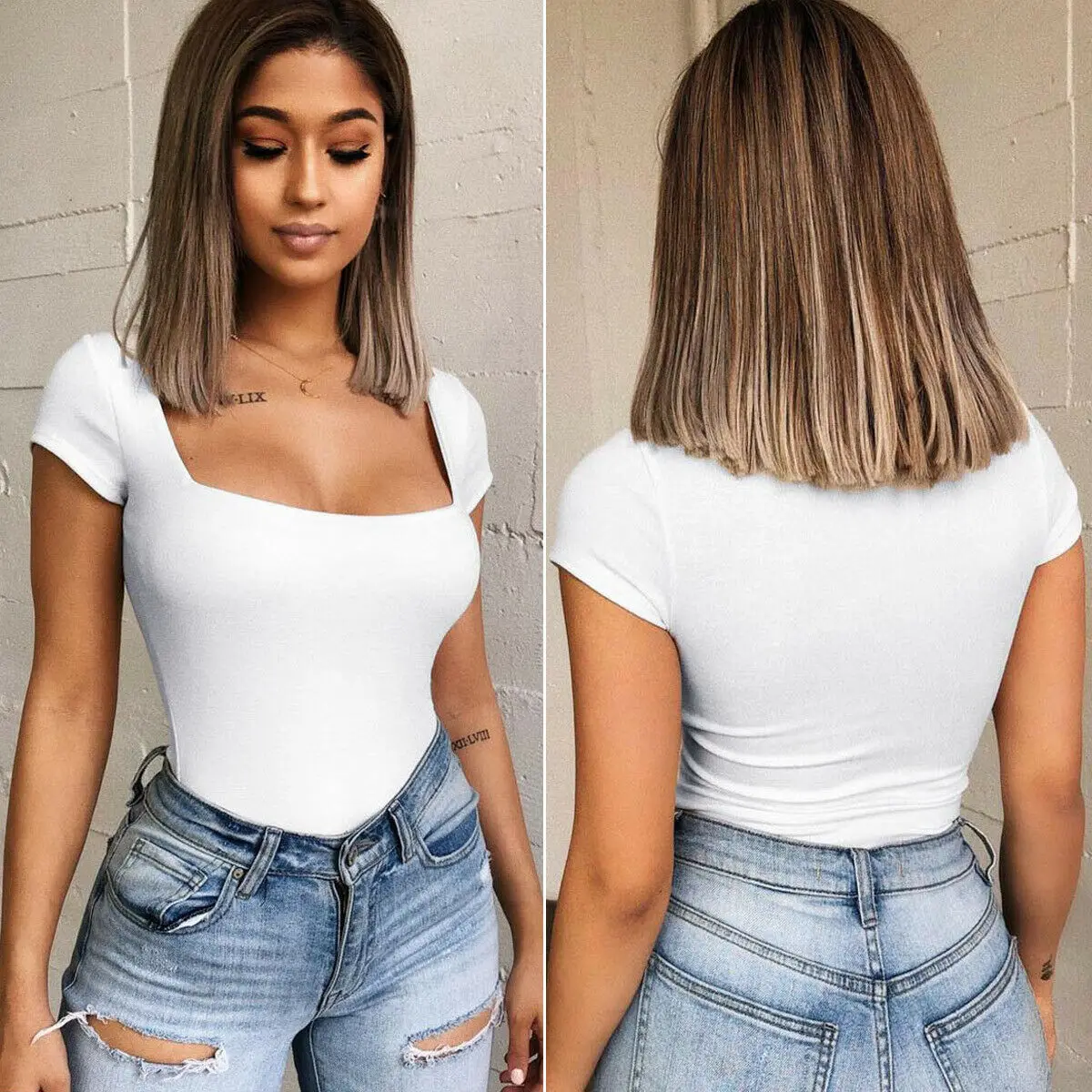 Hirigin النساء الصلبة ارتداءها Bodycon قصيرة بذلة رومبير طوق مربع قصيرة الأكمام قمم