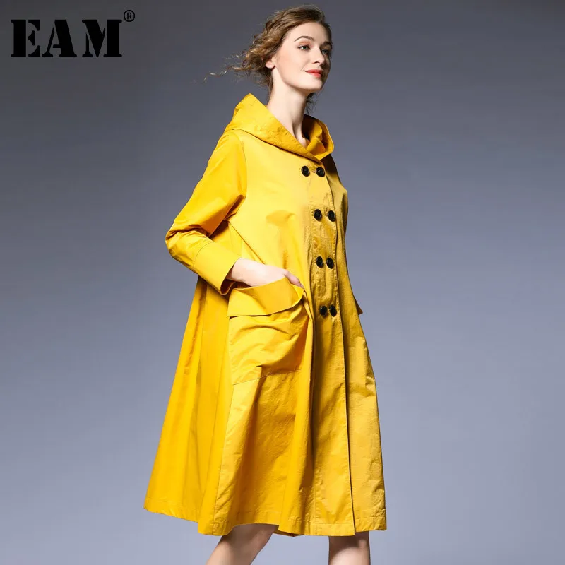 

[EAM] 2019 New Spring Hooded Long Sleeve Balck Loose Long Hem Pleated Stitch Big Size Windbreaker Women Trench Fashion JO399
