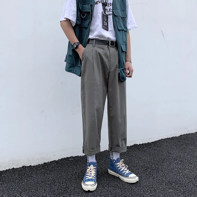 

Men's Trousers 2019 Summer New Hong Kong Style Loose Straight Trousers Solid Color Casual Pants Youth Casual Men's Clothing