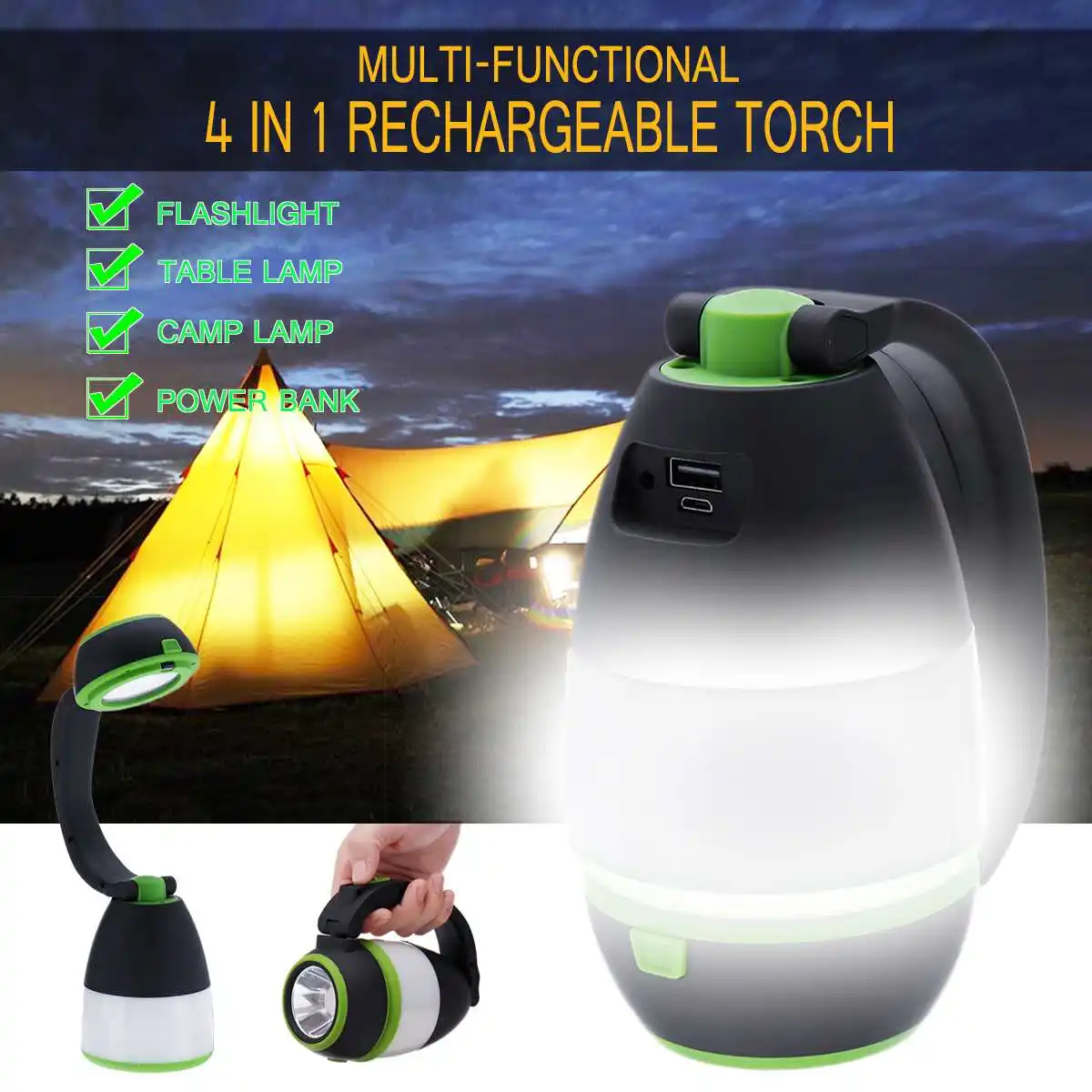 

USB Rechargeable Torch light Camping Light+Table Lamp+Flashlight+Flashlight LED Waterproof 4 in 1 Rechargeable Torch Light