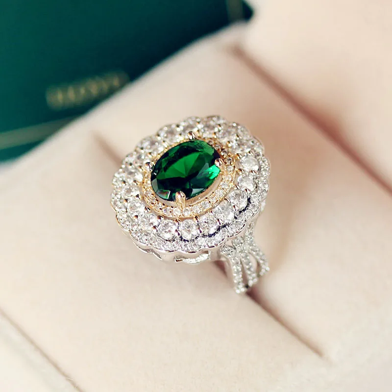 Модное Королевское Роскошное винтажное кольцо с зеленым камнем овальной формы, кружевное боковое двойное Золотое кольцо с кубическим цирконием, женские вечерние ювелирные изделия