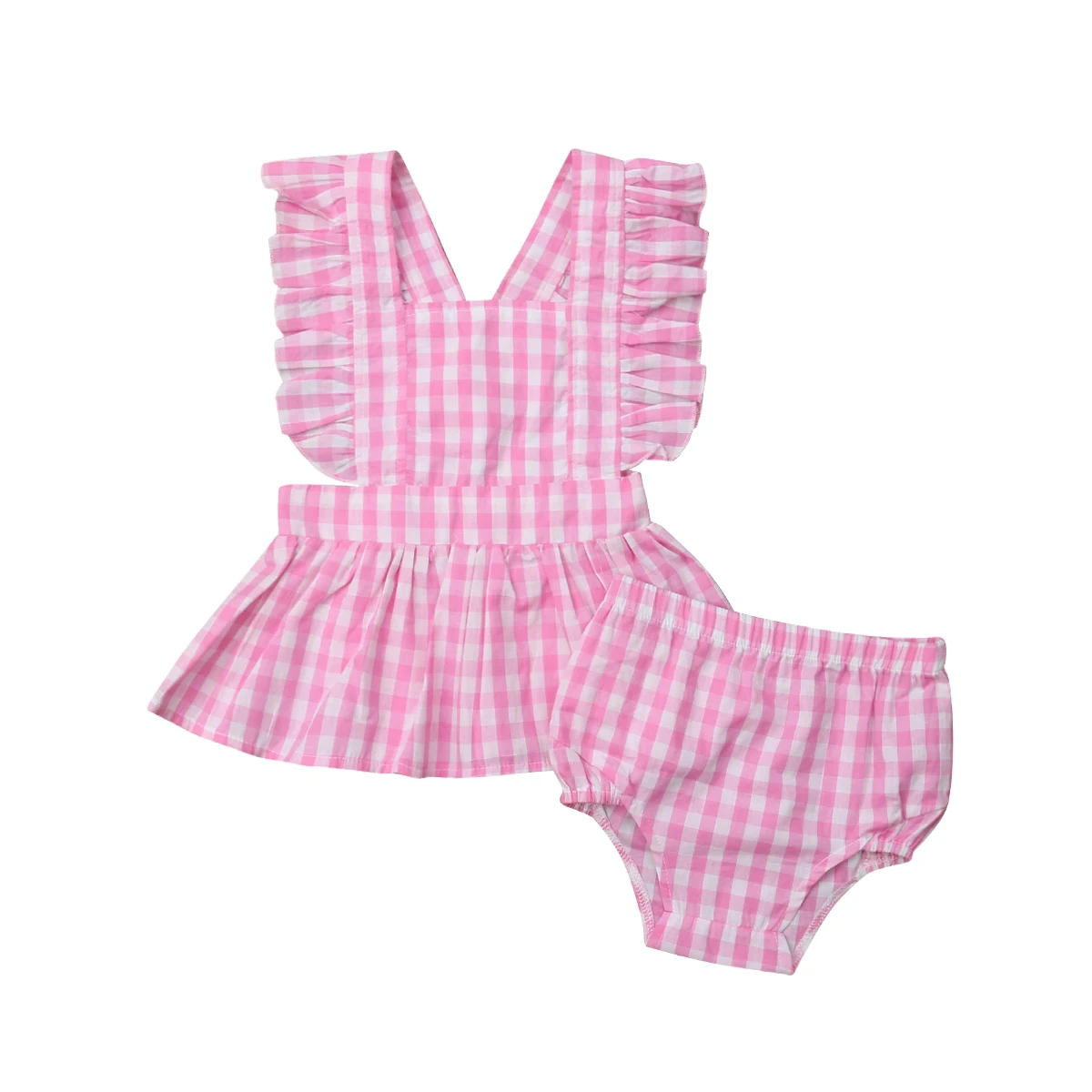 Summer Toddler Kids Baby Girl Ruffles Back Cross Tops Bloomers Shorts 2PCS Pink Plaid Outfits Sunsuit Clothes Set for 1-6Y | Детская