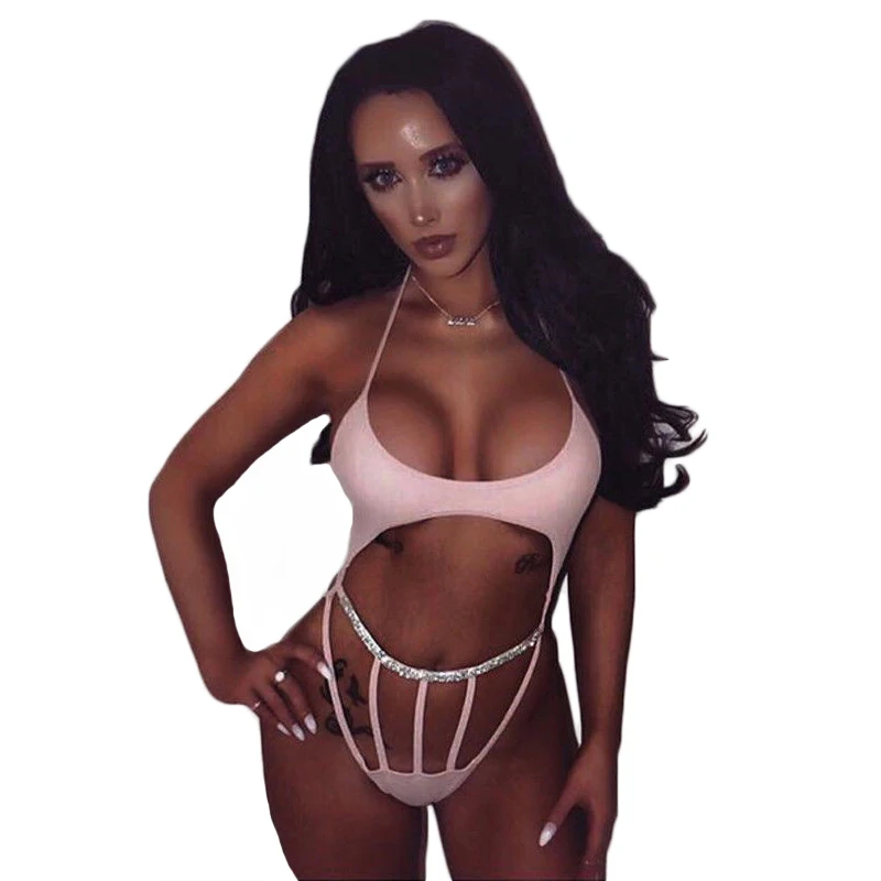 

2018 summer women patchwork bikinis pink one piece bathing Push Up Unpadded high waist Hollow Beachwear sexy sportwear Swimming