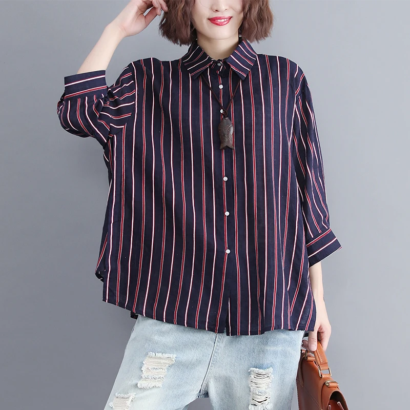 

#5803 Autumn Classic Vertical Striped Shirt Women Thin Batwing Sleeve Lapel Collar Big Size Fashion Elegant Blouse Blue/Yellow