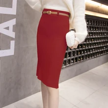 Новые женские вязаные юбки весна осень мода миди юбка-карандаш Высокая талия узкая юбка с поясом Юбка-тубус на бедрах Твердые Юбки