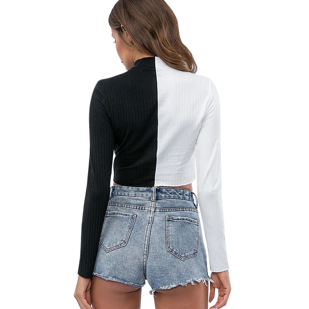 VESTLINDA اثنين لهجة موك الرقبة محبوك المحاصيل تي شيرت كامل النساء عارضة اللياقة البدنية طويلة الأكمام البلوز السيدات قمم تيز الإناث الملابس