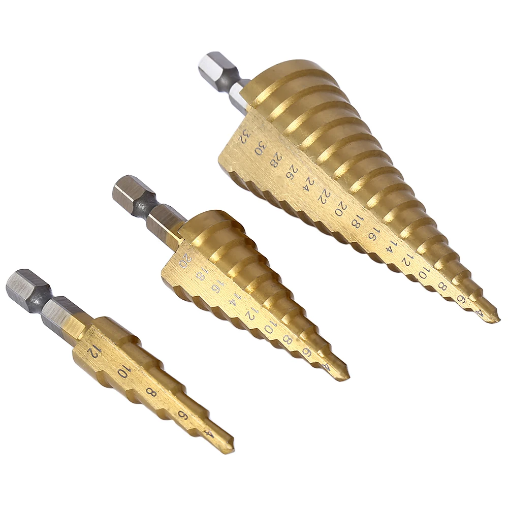 

3pcs HSS 6541 Step Cone Titanium Coated Step Drill Bit 4-12mm 4-20mm 4-30mm Hex Shank Metal Plastic Step Cone Drill Hole Cutter