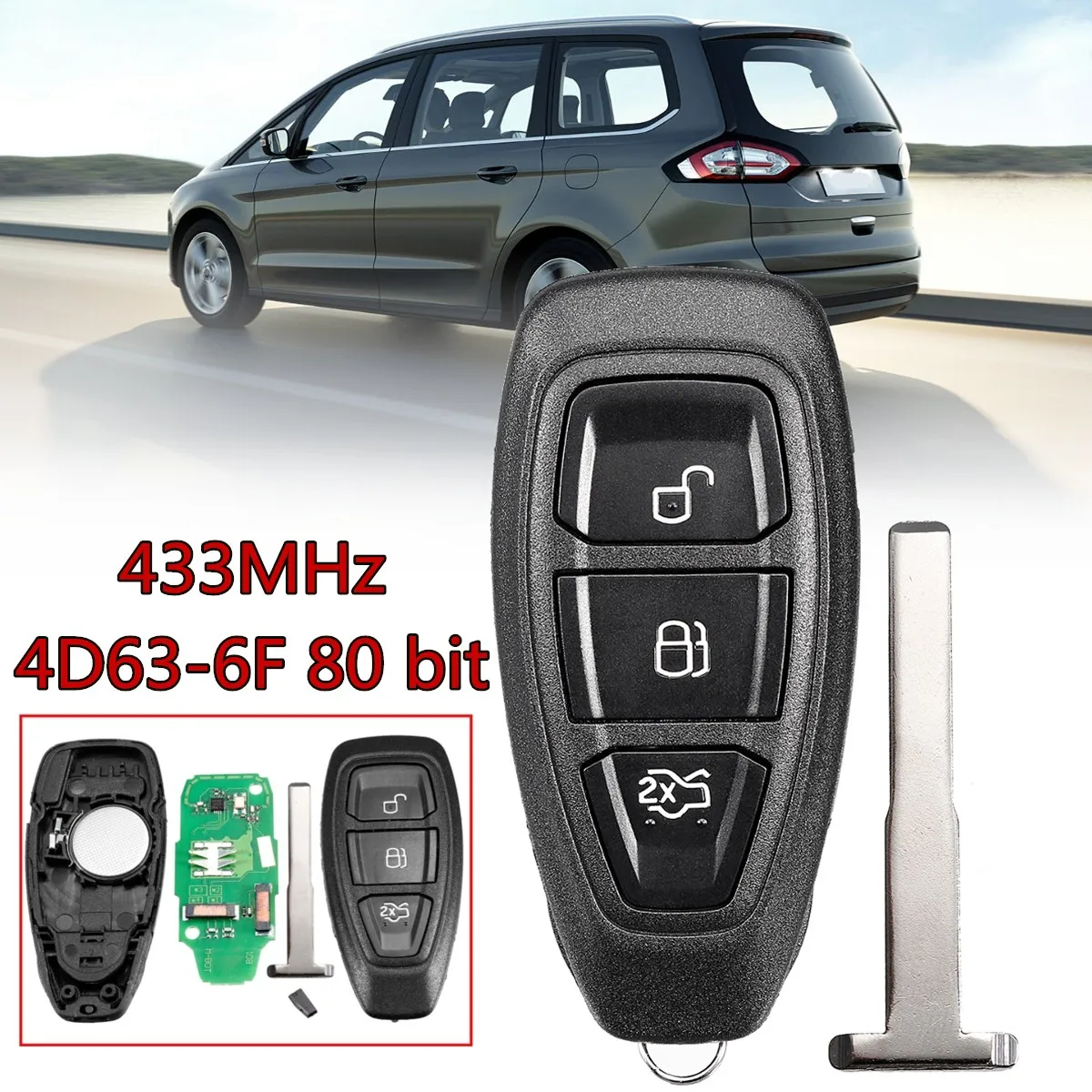 

For Ford B-Max for C-Max for Focus for Galaxy KR55WK48801 4D83 80bit 433Mhz 3 Button Smart Intelligent full Remote Key