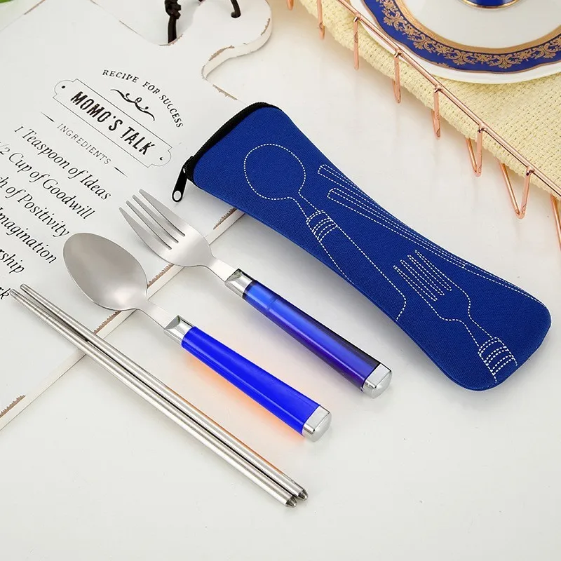 Vendita calda In Acciaio Inox Set di Posate Set per apparecchiare Leggero Portatile Da Viaggio Set Da Tavola con il Sacchetto di Stoffa Pranzo Strumenti Set