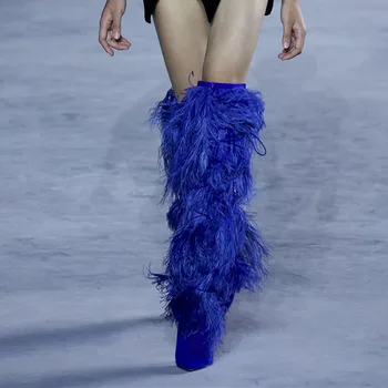 

Posh Feather Embellished Cone Heel Thigh High Boots Satin Dress Shoes Pointed Toe