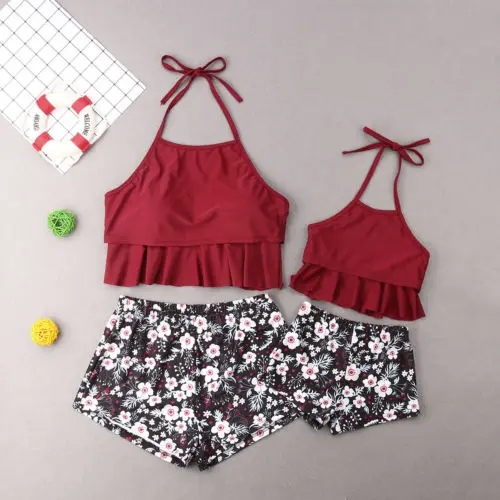 2019 Family Matching Floral Swimwear Mother Daughter Padded Swimsuit Beachwear