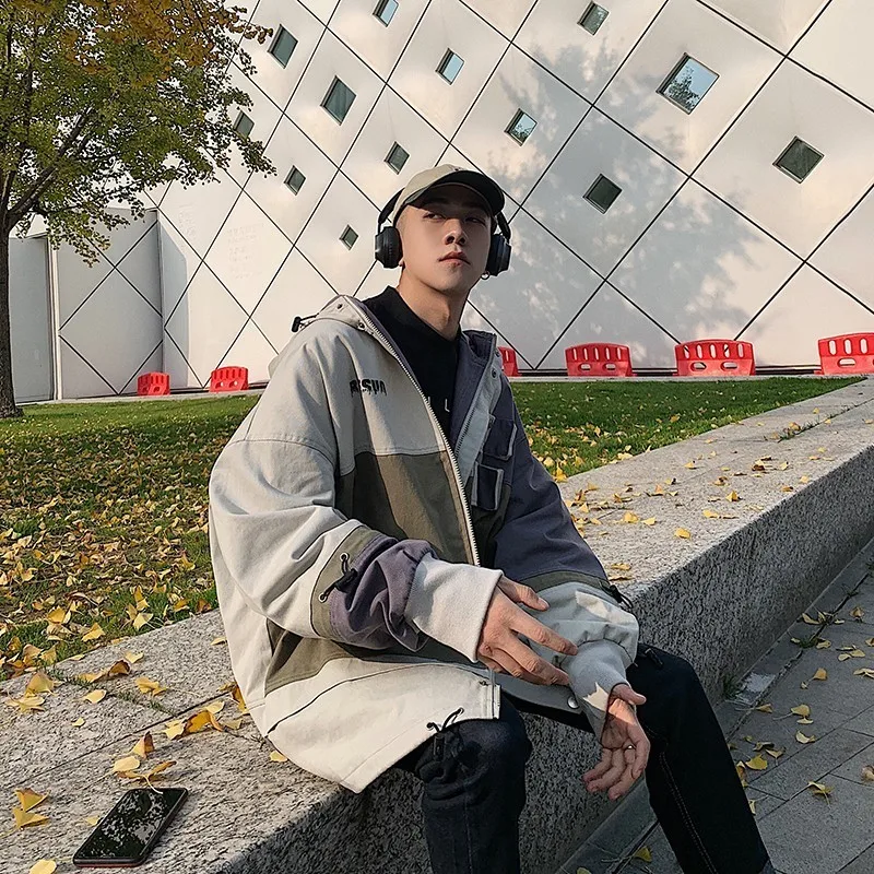 2019 Japanese Style Men's Streetwear Bomber Jackets Patchwork Pockets Coats Retro Harajuku Hooded Outwear Windbreaker Size M-XL