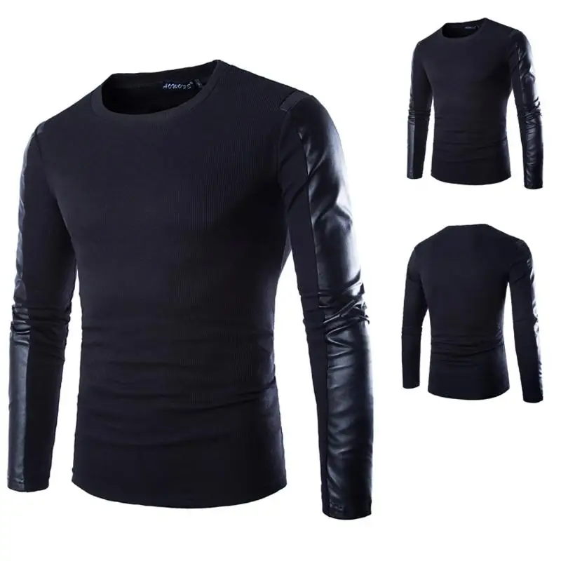 

Men's Clothing Black Long Sleeve PU Spell Leather Round Collar Clothes