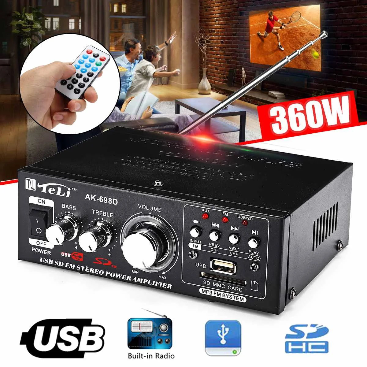 

12V/ 220V HIFI Mini Audio Amplificador Car Amplifier 360W Stereo Power FM Radio 2CH USB Home Theater Amplifiers Music Player