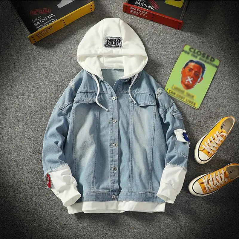 

Denim Jacket Coat Men's Handsome Fake Two-Piece plus Fertilizer Casual Shirt Jacket Korean Cowboy Outwear