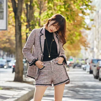 

Chic Lady 2 Pieces Tweed Sets Women 2018 Fashion Frings Tweed Blazer Jackets+High Waist Short Pants OL Outfit Suits Shorts Sets