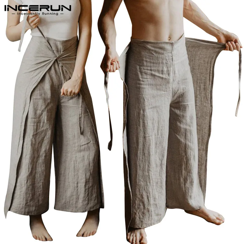 INCERUN Men Thai Fisherman Pants Wraps Loose Vintage Solid Color Women