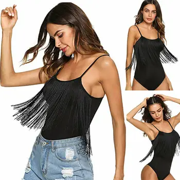 

Black Women Strappy Tassels Solid Bodysuit Sleeveless Romper Bodycon Bodysuit Leotard Jumpsuit
